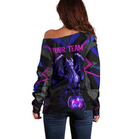 Custom Black And Purple Dragon Bowling Off Shoulder Sweater Magic Orb Graphic on Geometric Black Background Design - Wonder Print Shop