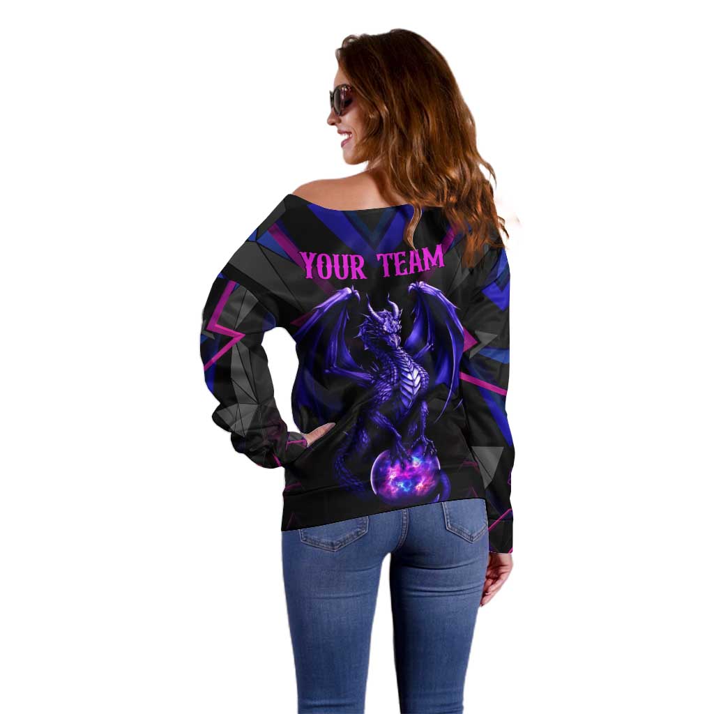 Custom Black And Purple Dragon Bowling Off Shoulder Sweater Magic Orb Graphic on Geometric Black Background Design - Wonder Print Shop