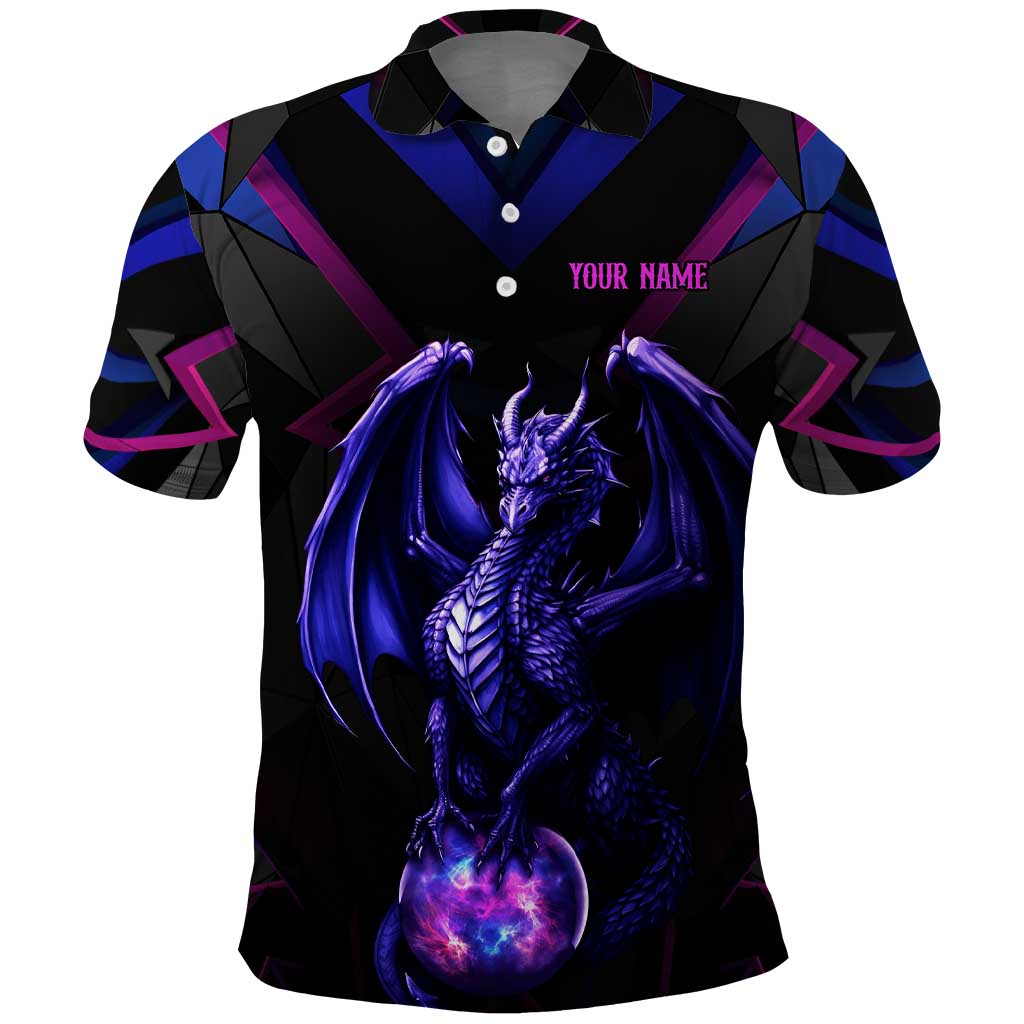 Custom Black And Purple Dragon Bowling Polo Shirt Magic Orb Graphic on Geometric Black Background Design - Wonder Print Shop