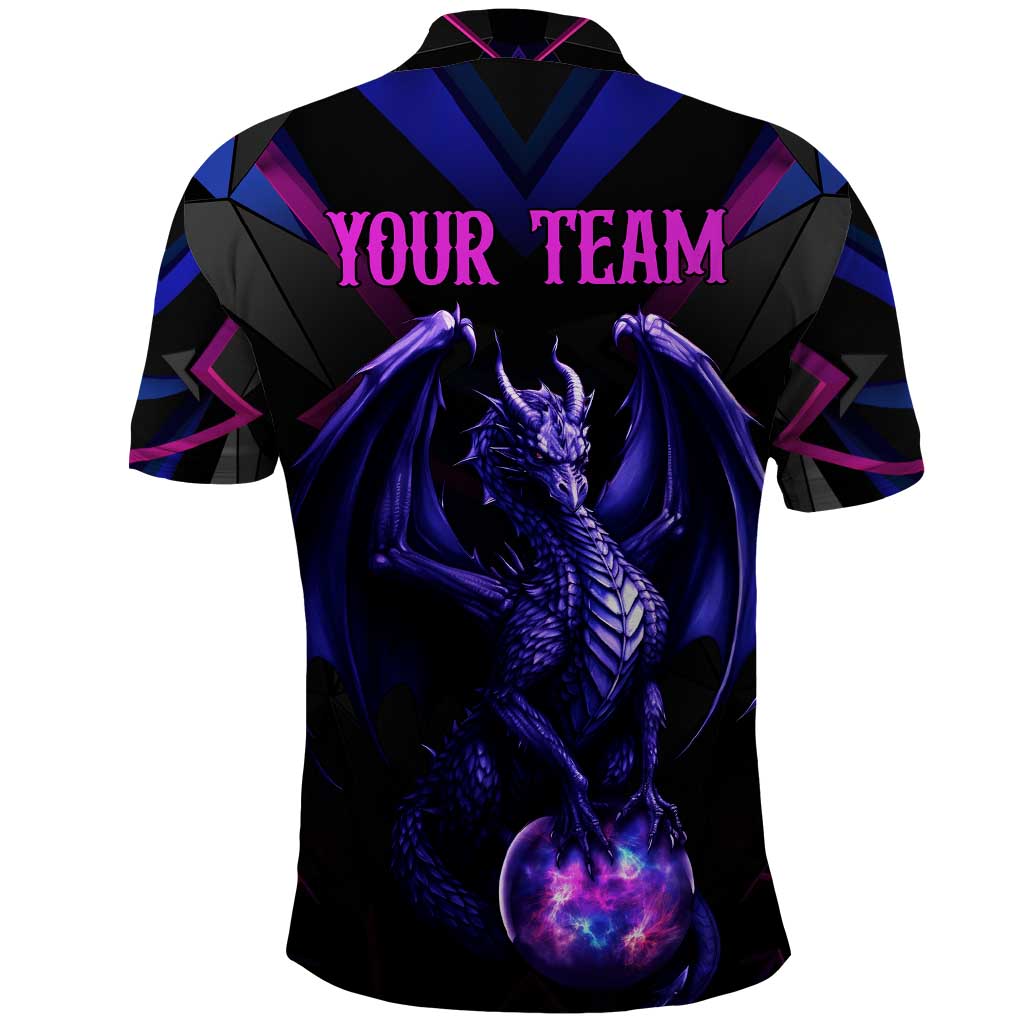 Custom Black And Purple Dragon Bowling Polo Shirt Magic Orb Graphic on Geometric Black Background Design - Wonder Print Shop