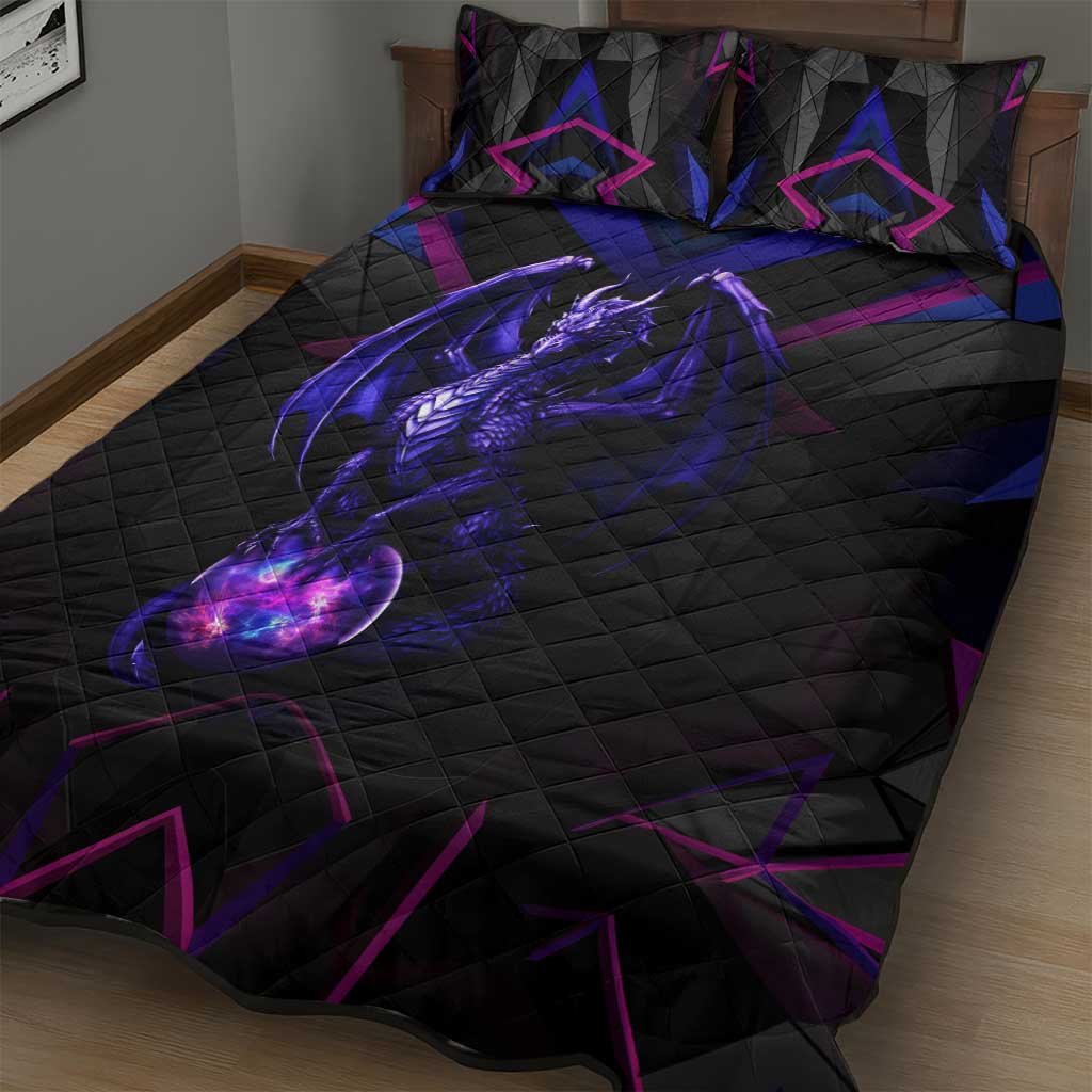 Custom Black And Purple Dragon Bowling Quilt Bed Set Magic Orb Graphic on Geometric Black Background Design - Wonder Print Shop
