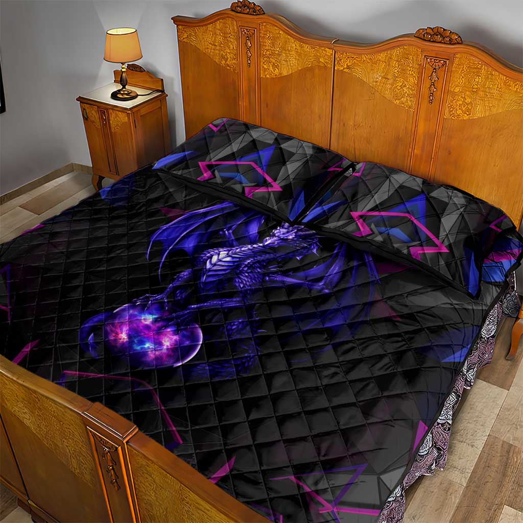Custom Black And Purple Dragon Bowling Quilt Bed Set Magic Orb Graphic on Geometric Black Background Design - Wonder Print Shop