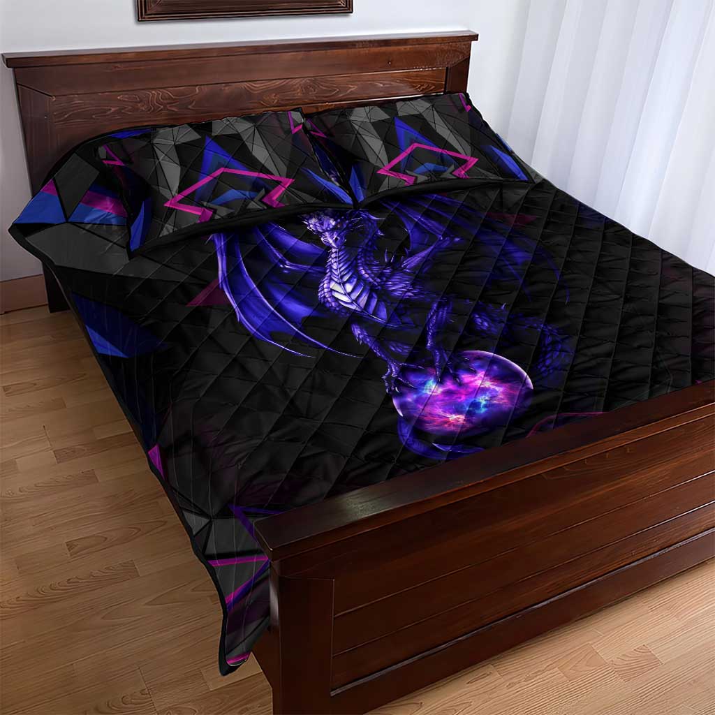 Custom Black And Purple Dragon Bowling Quilt Bed Set Magic Orb Graphic on Geometric Black Background Design - Wonder Print Shop