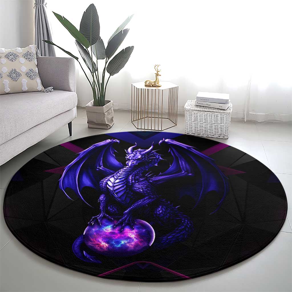 Custom Black And Purple Dragon Bowling Round Carpet Magic Orb Graphic on Geometric Black Background Design - Wonder Print Shop