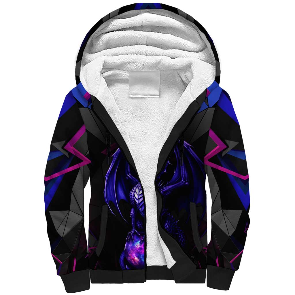 Custom Black And Purple Dragon Bowling Sherpa Hoodie Magic Orb Graphic on Geometric Black Background Design - Wonder Print Shop