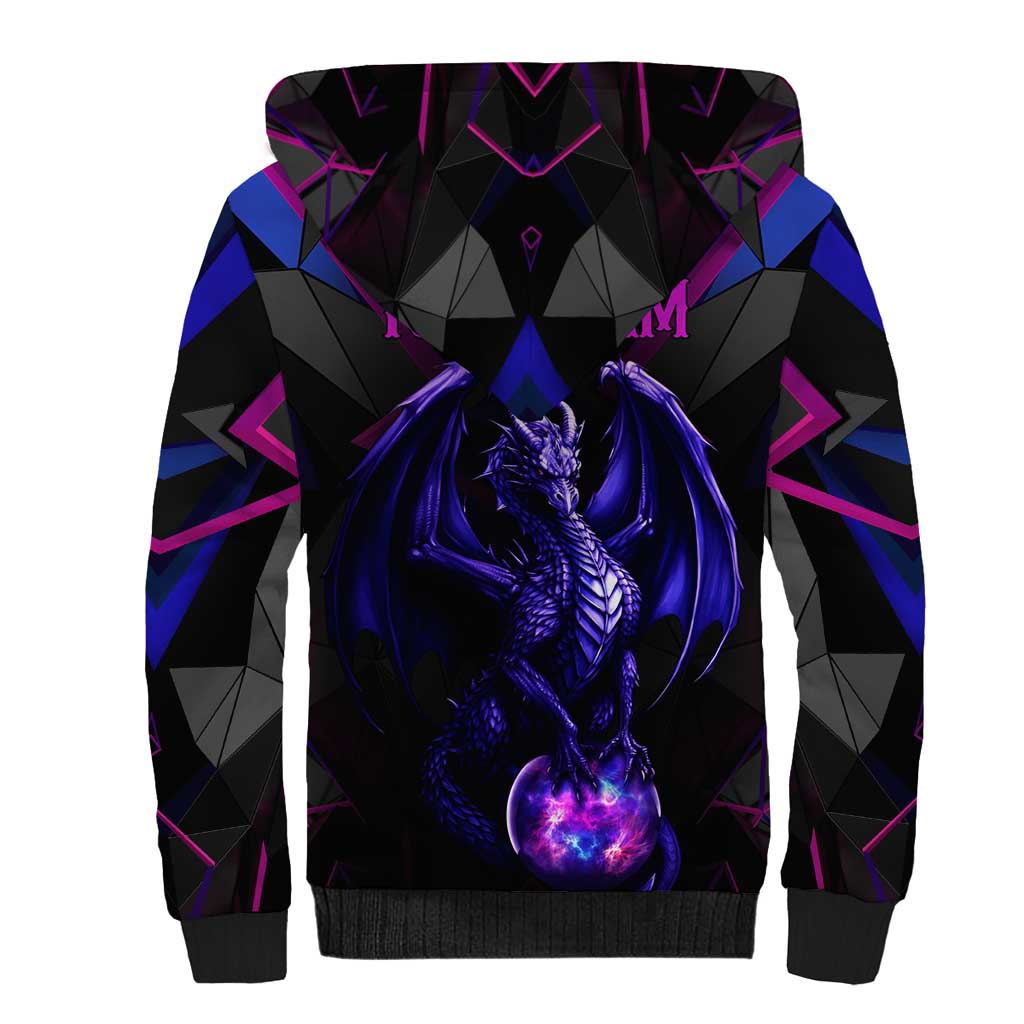 Custom Black And Purple Dragon Bowling Sherpa Hoodie Magic Orb Graphic on Geometric Black Background Design - Wonder Print Shop
