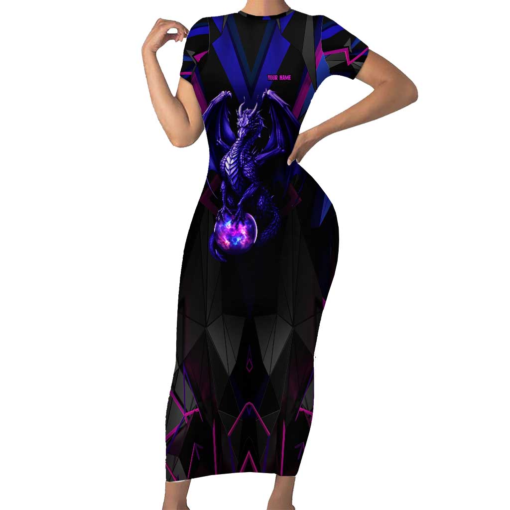 Custom Black And Purple Dragon Bowling Short Sleeve Bodycon Dress Magic Orb Graphic on Geometric Black Background Design - Wonder Print Shop