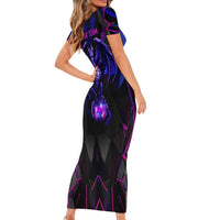 Custom Black And Purple Dragon Bowling Short Sleeve Bodycon Dress Magic Orb Graphic on Geometric Black Background Design - Wonder Print Shop