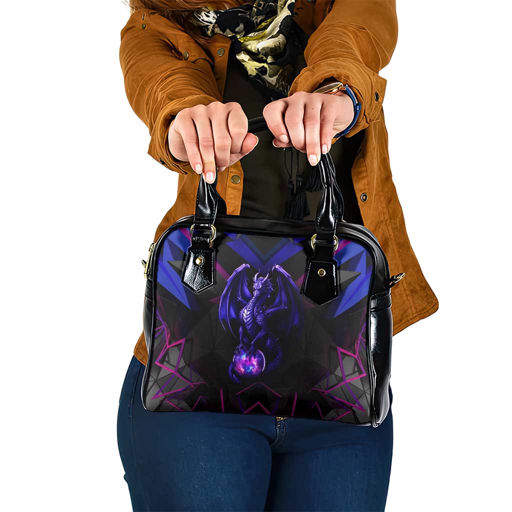 Custom Black And Purple Dragon Bowling Shoulder Handbag Magic Orb Graphic on Geometric Black Background Design - Wonder Print Shop