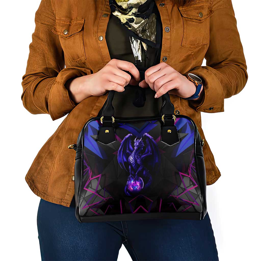 Custom Black And Purple Dragon Bowling Shoulder Handbag Magic Orb Graphic on Geometric Black Background Design - Wonder Print Shop