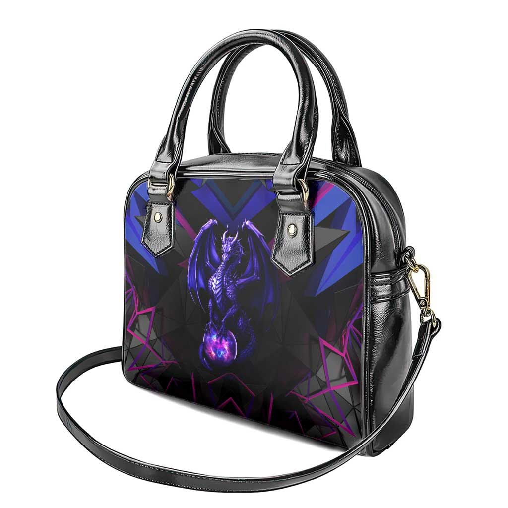 Custom Black And Purple Dragon Bowling Shoulder Handbag Magic Orb Graphic on Geometric Black Background Design - Wonder Print Shop