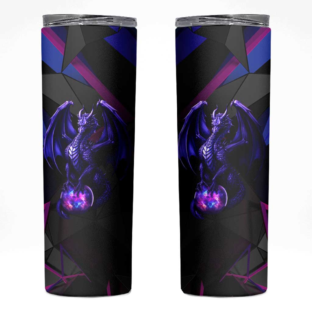 Custom Black And Purple Dragon Bowling Skinny Tumbler Magic Orb Graphic on Geometric Black Background Design - Wonder Print Shop