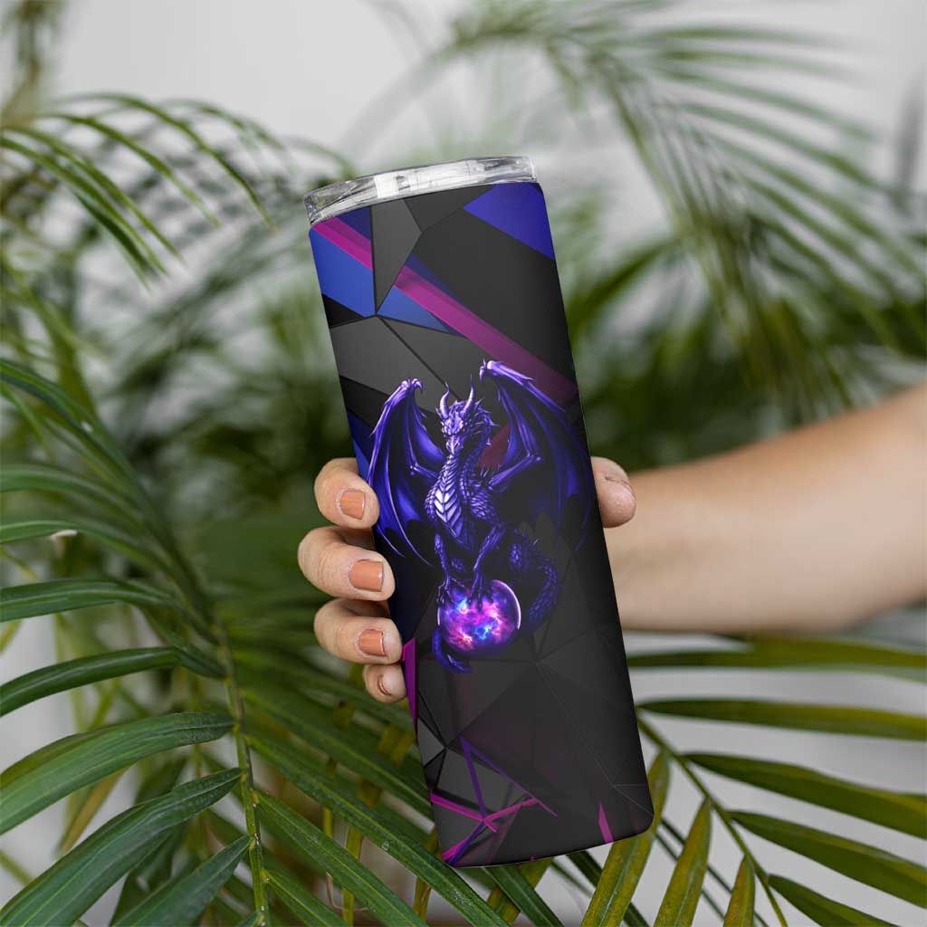 Custom Black And Purple Dragon Bowling Skinny Tumbler Magic Orb Graphic on Geometric Black Background Design - Wonder Print Shop