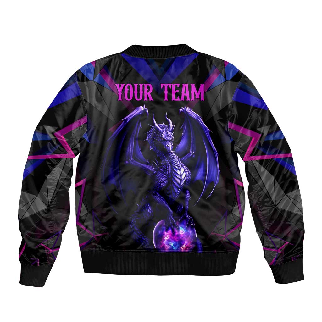 Custom Black And Purple Dragon Bowling Sleeve Zip Bomber Jacket Magic Orb Graphic on Geometric Black Background Design - Wonder Print Shop