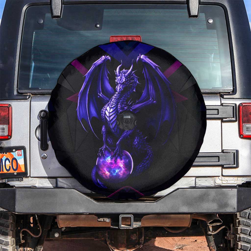 Custom Black And Purple Dragon Bowling Spare Tire Cover Magic Orb Graphic on Geometric Black Background Design - Wonder Print Shop