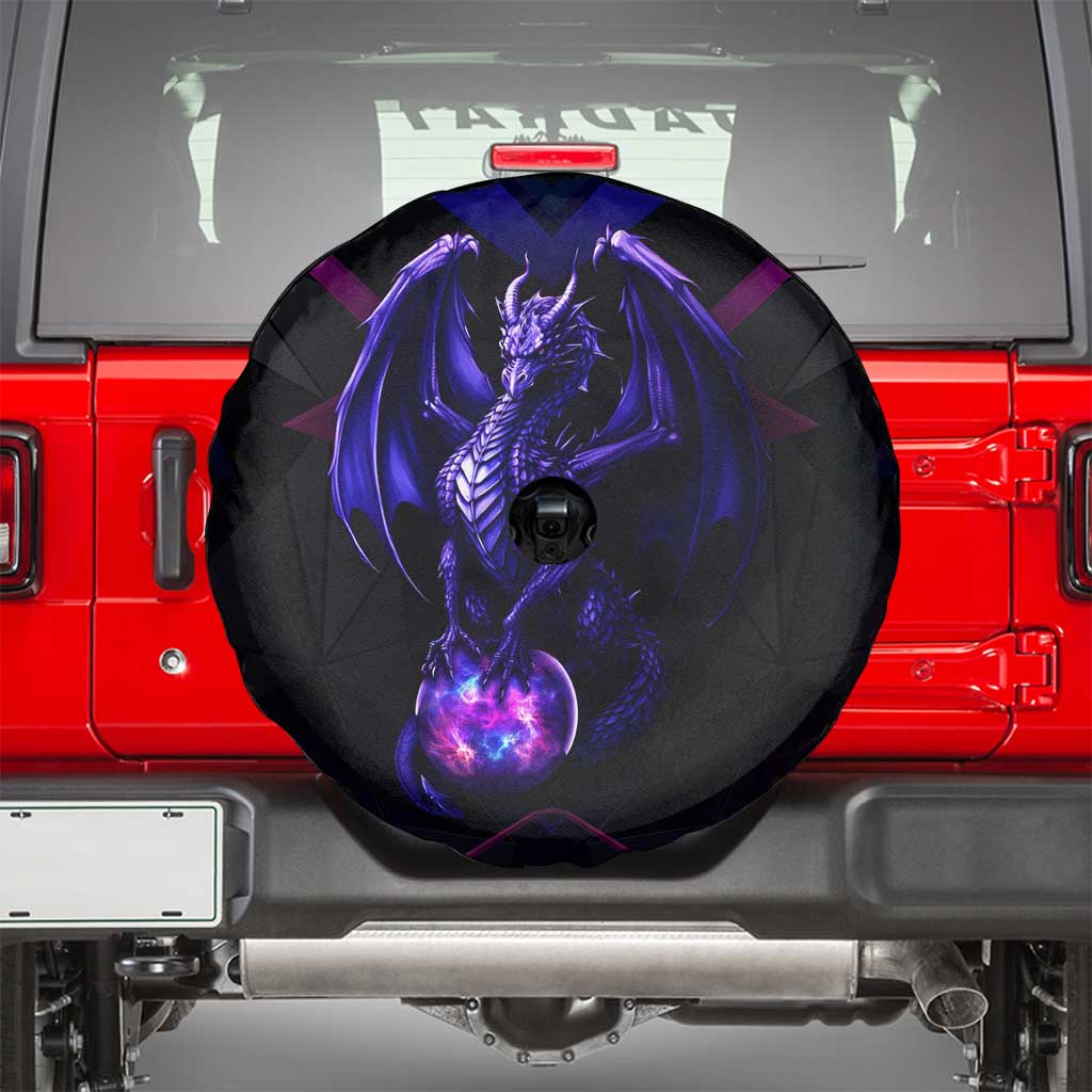Custom Black And Purple Dragon Bowling Spare Tire Cover Magic Orb Graphic on Geometric Black Background Design - Wonder Print Shop