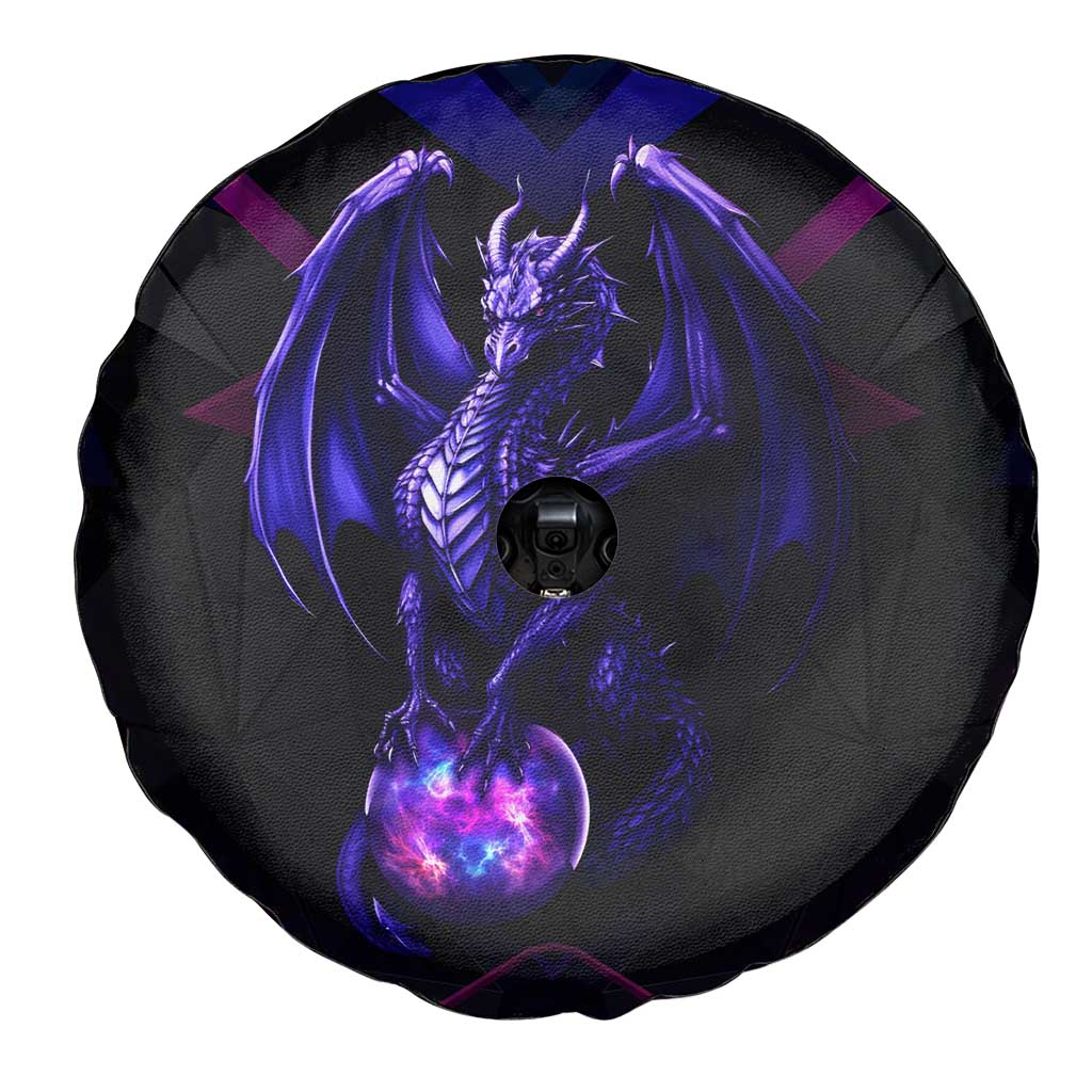 Custom Black And Purple Dragon Bowling Spare Tire Cover Magic Orb Graphic on Geometric Black Background Design - Wonder Print Shop