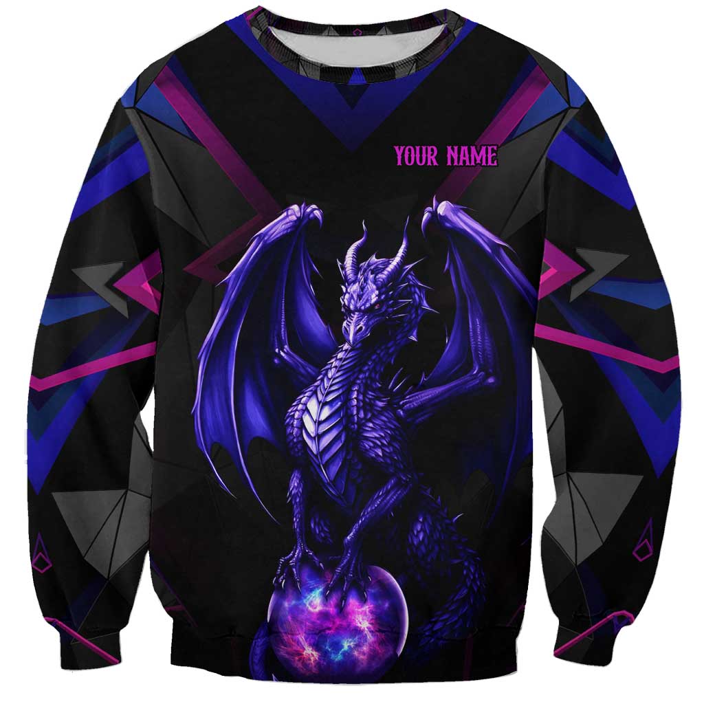 Custom Black And Purple Dragon Bowling Sweatshirt Magic Orb Graphic on Geometric Black Background Design - Wonder Print Shop