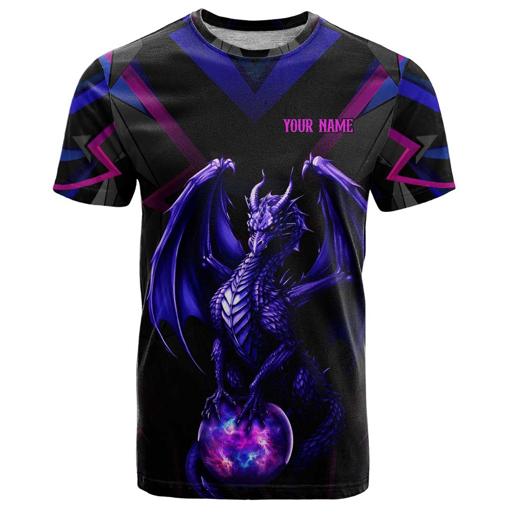 Custom Black And Purple Dragon Bowling T Shirt Magic Orb Graphic on Geometric Black Background Design - Wonder Print Shop