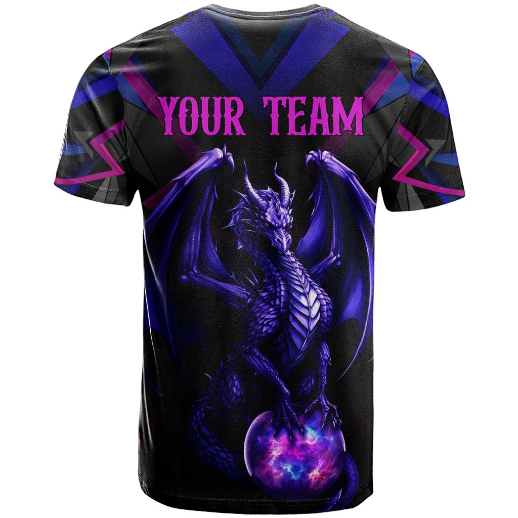 Custom Black And Purple Dragon Bowling T Shirt Magic Orb Graphic on Geometric Black Background Design - Wonder Print Shop