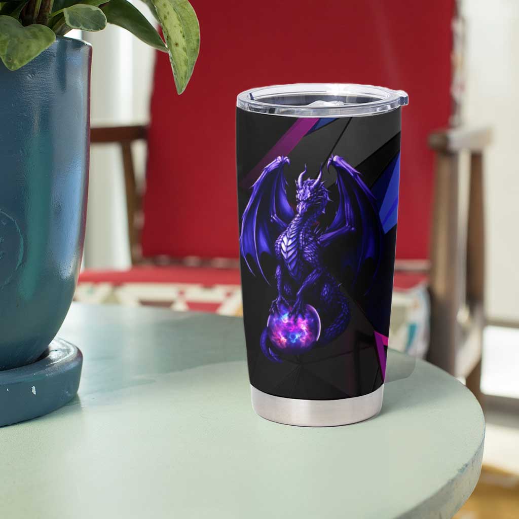 Custom Black And Purple Dragon Bowling Tumbler Cup Magic Orb Graphic on Geometric Black Background Design - Wonder Print Shop