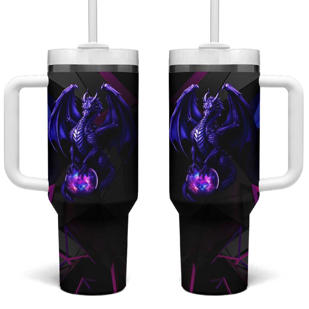 Custom Black And Purple Dragon Bowling Tumbler With Handle Magic Orb Graphic on Geometric Black Background Design - Wonder Print Shop