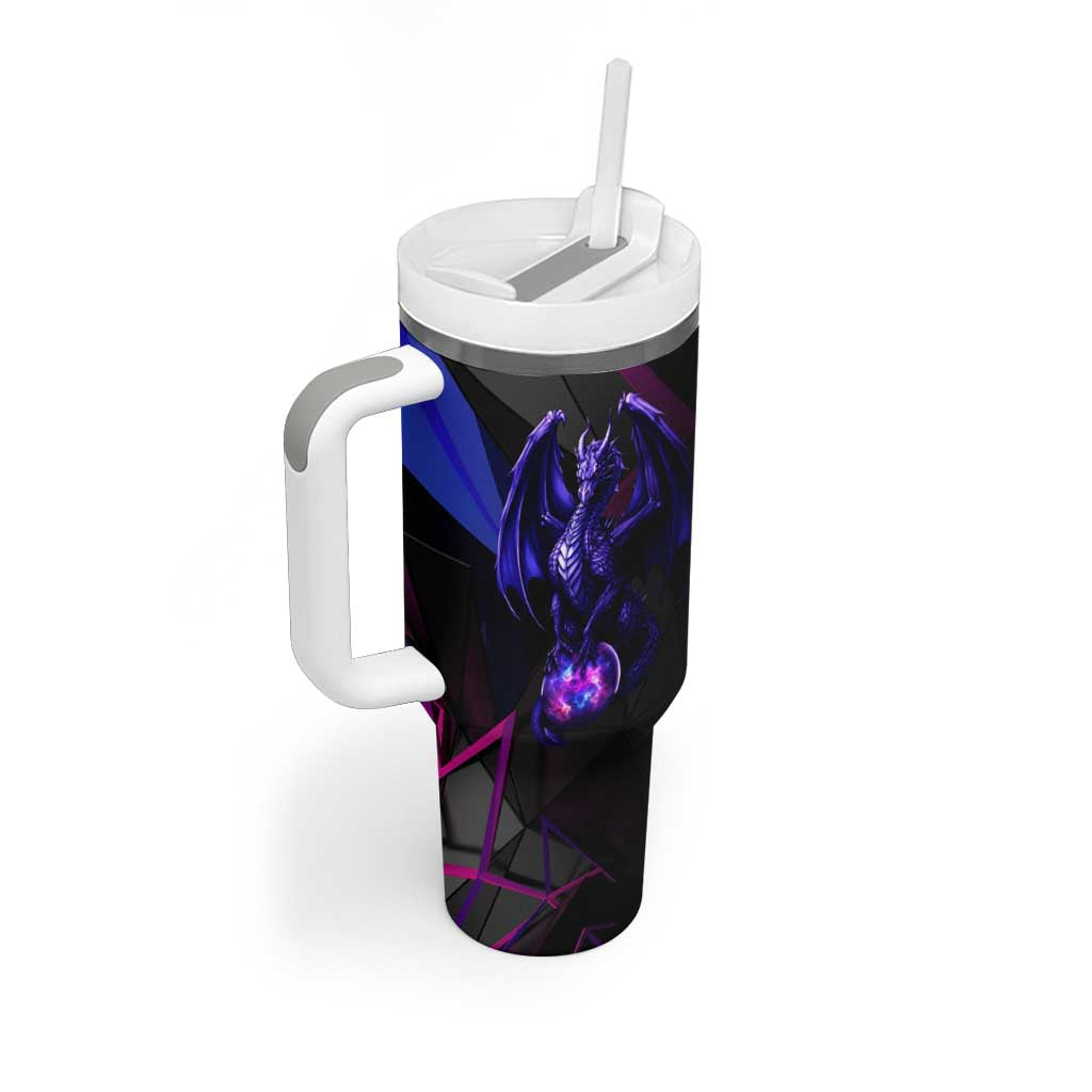 Custom Black And Purple Dragon Bowling Tumbler With Handle Magic Orb Graphic on Geometric Black Background Design - Wonder Print Shop