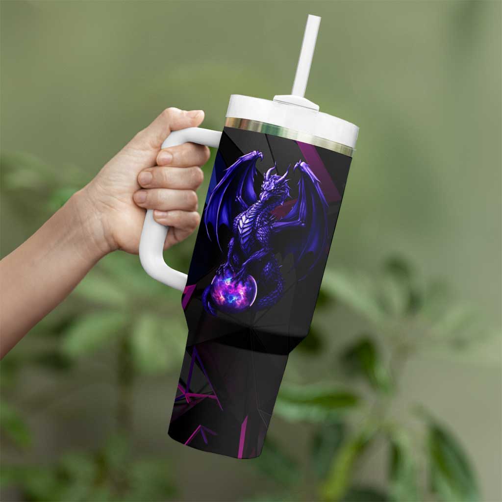 Custom Black And Purple Dragon Bowling Tumbler With Handle Magic Orb Graphic on Geometric Black Background Design - Wonder Print Shop
