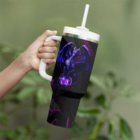 Custom Black And Purple Dragon Bowling Tumbler With Handle Magic Orb Graphic on Geometric Black Background Design - Wonder Print Shop
