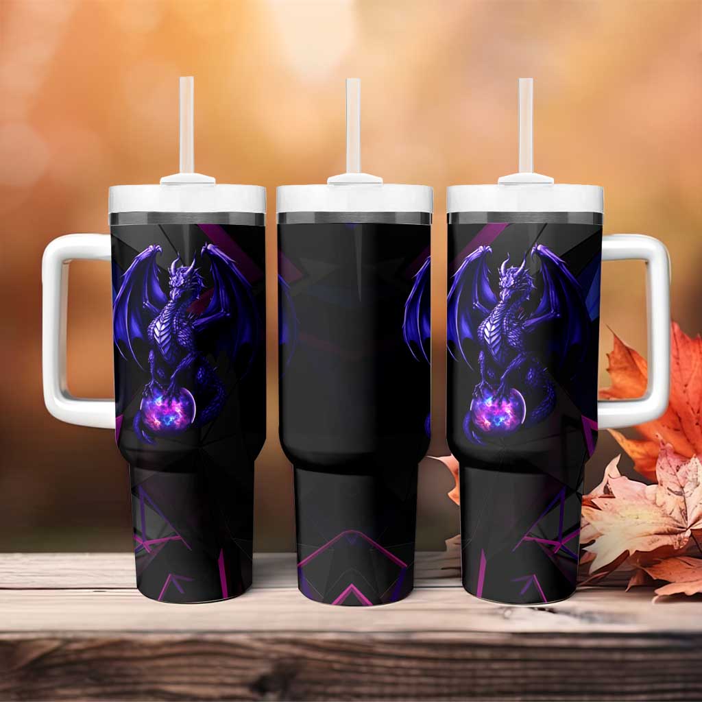 Custom Black And Purple Dragon Bowling Tumbler With Handle Magic Orb Graphic on Geometric Black Background Design - Wonder Print Shop