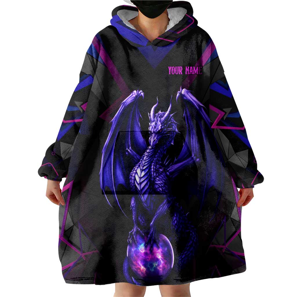 Custom Black And Purple Dragon Bowling Wearable Blanket Hoodie Magic Orb Graphic on Geometric Black Background Design - Wonder Print Shop