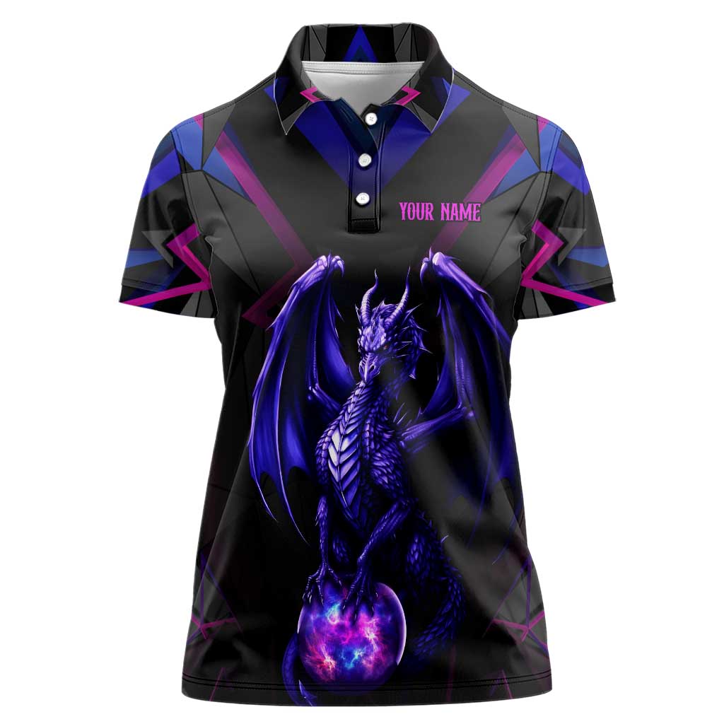 Custom Black And Purple Dragon Bowling Women Polo Shirt Magic Orb Graphic on Geometric Black Background Design - Wonder Print Shop