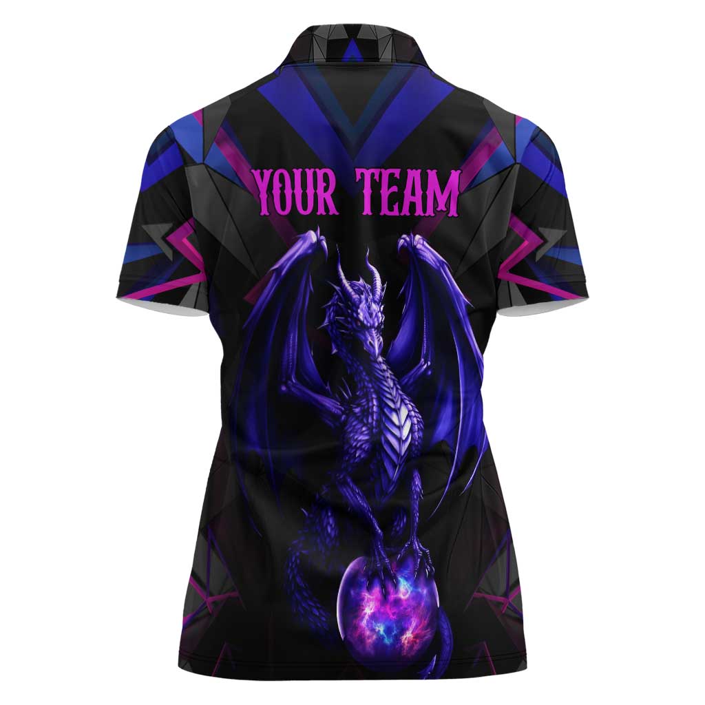 Custom Black And Purple Dragon Bowling Women Polo Shirt Magic Orb Graphic on Geometric Black Background Design - Wonder Print Shop