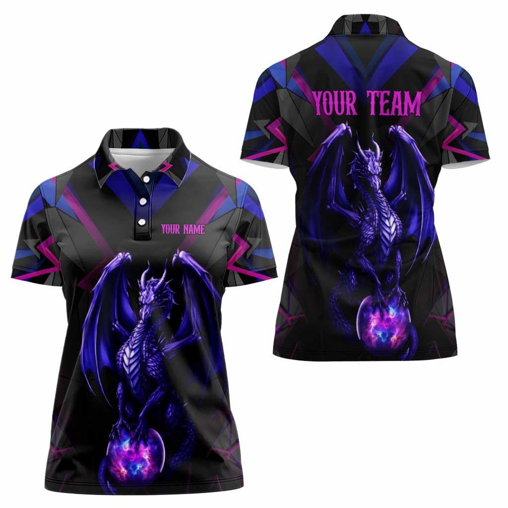 Custom Black And Purple Dragon Bowling Women Polo Shirt Magic Orb Graphic on Geometric Black Background Design - Wonder Print Shop