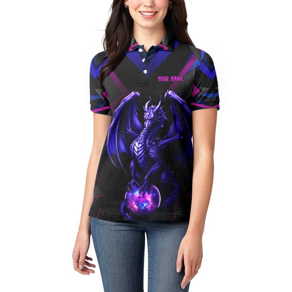 Custom Black And Purple Dragon Bowling Women Polo Shirt Magic Orb Graphic on Geometric Black Background Design - Wonder Print Shop