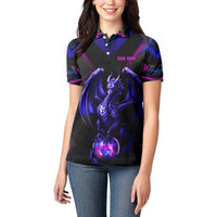 Custom Black And Purple Dragon Bowling Women Polo Shirt Magic Orb Graphic on Geometric Black Background Design - Wonder Print Shop