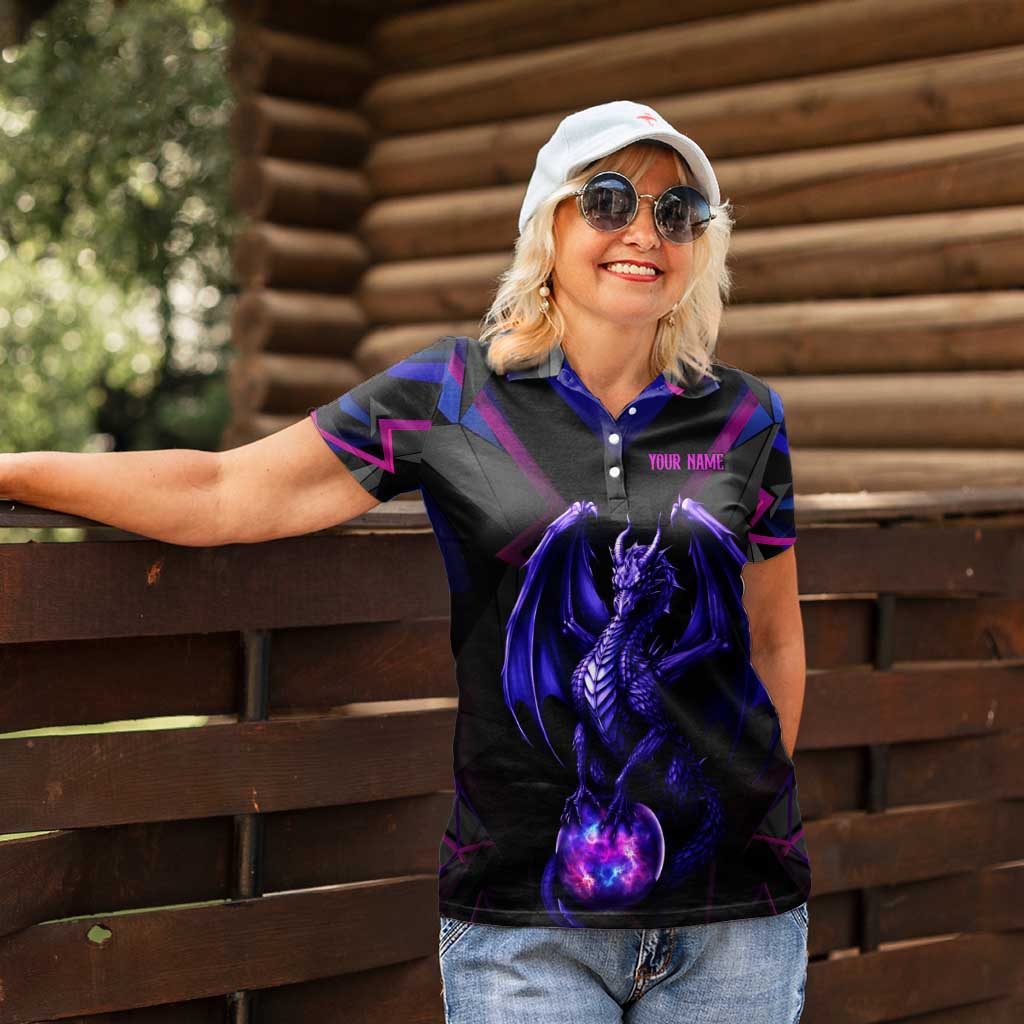 Custom Black And Purple Dragon Bowling Women Polo Shirt Magic Orb Graphic on Geometric Black Background Design - Wonder Print Shop