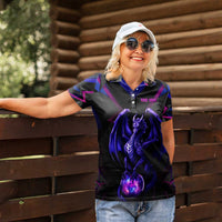 Custom Black And Purple Dragon Bowling Women Polo Shirt Magic Orb Graphic on Geometric Black Background Design - Wonder Print Shop