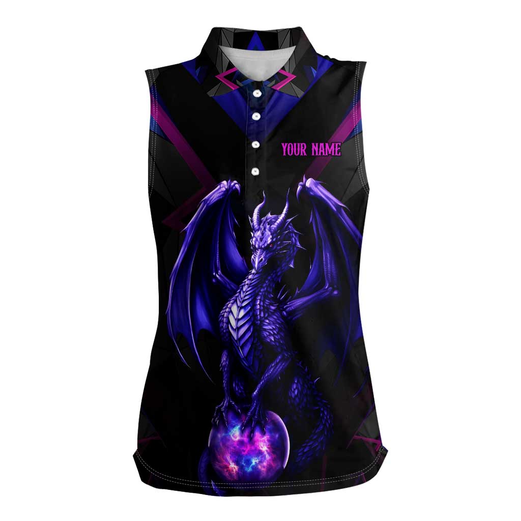 Custom Black And Purple Dragon Bowling Women Sleeveless Polo Shirt Magic Orb Graphic on Geometric Black Background Design - Wonder Print Shop