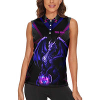 Custom Black And Purple Dragon Bowling Women Sleeveless Polo Shirt Magic Orb Graphic on Geometric Black Background Design - Wonder Print Shop