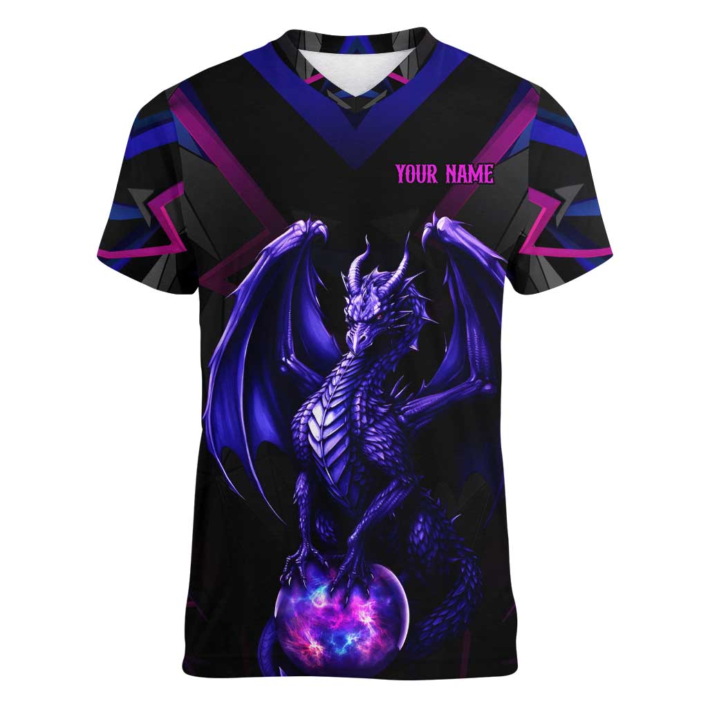 Custom Black And Purple Dragon Bowling Women V-Neck T-Shirt Magic Orb Graphic on Geometric Black Background Design - Wonder Print Shop