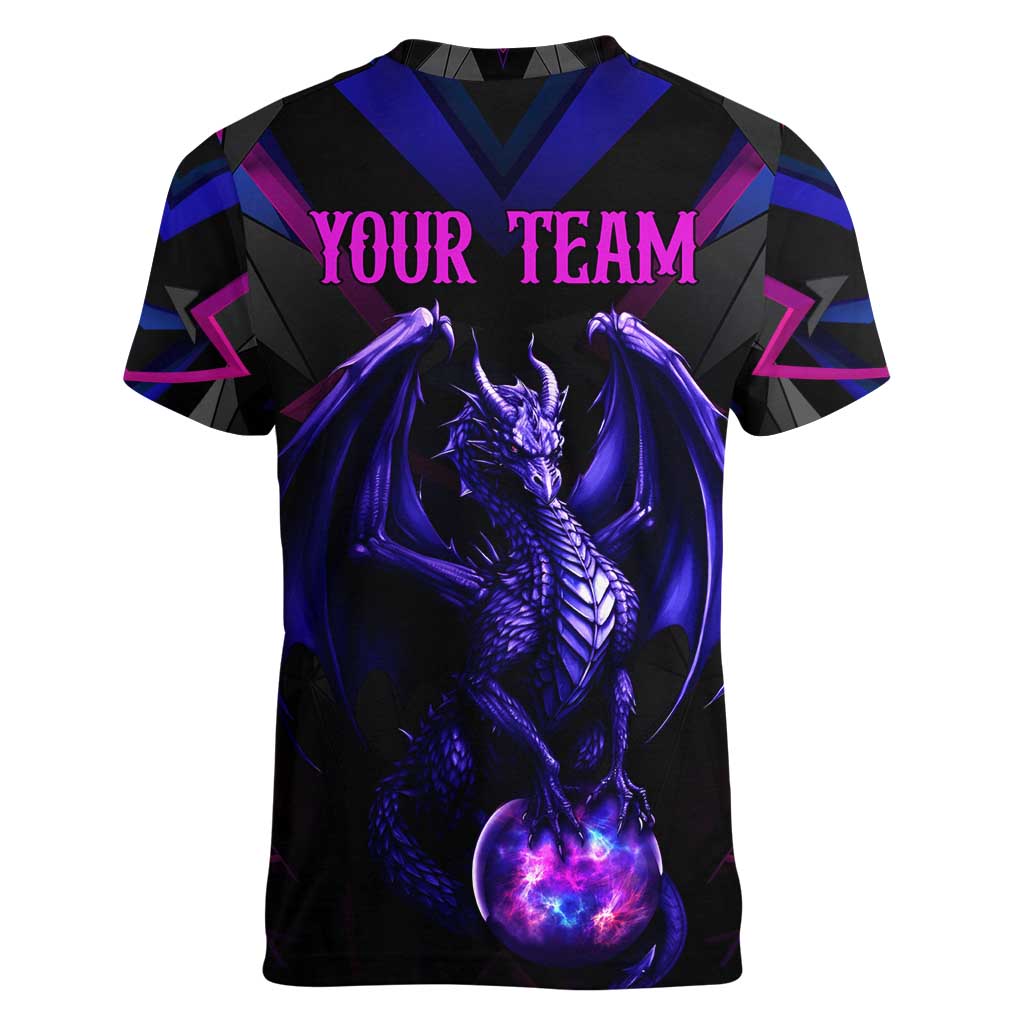 Custom Black And Purple Dragon Bowling Women V-Neck T-Shirt Magic Orb Graphic on Geometric Black Background Design - Wonder Print Shop