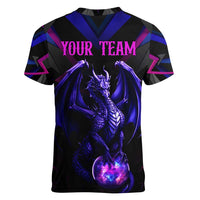 Custom Black And Purple Dragon Bowling Women V-Neck T-Shirt Magic Orb Graphic on Geometric Black Background Design - Wonder Print Shop