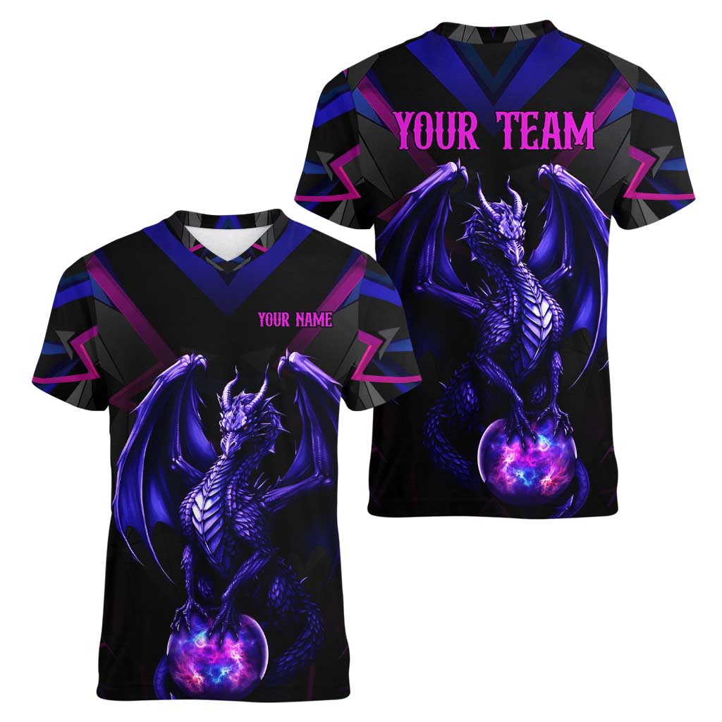 Custom Black And Purple Dragon Bowling Women V-Neck T-Shirt Magic Orb Graphic on Geometric Black Background Design - Wonder Print Shop