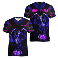 Custom Black And Purple Dragon Bowling Women V-Neck T-Shirt Magic Orb Graphic on Geometric Black Background Design - Wonder Print Shop