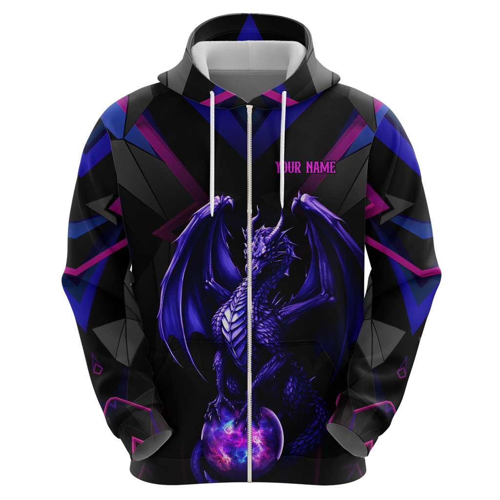 Custom Black And Purple Dragon Bowling Zip Hoodie Magic Orb Graphic on Geometric Black Background Design - Wonder Print Shop