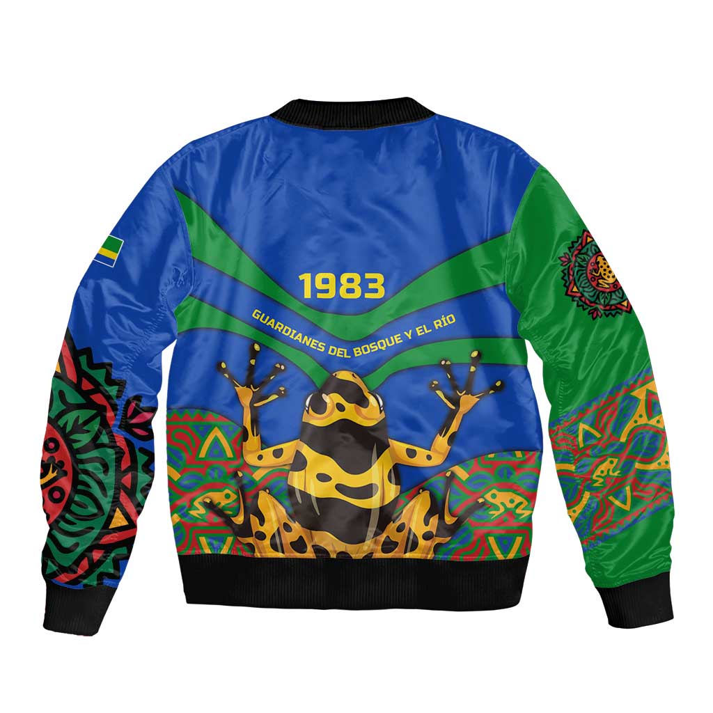 Indigenous Regions of Panama Embera-Wounaan Bomber Jacket Frog Graphic and Indigenous Pattern Guardians of the Forest - Wonder Print Shop
