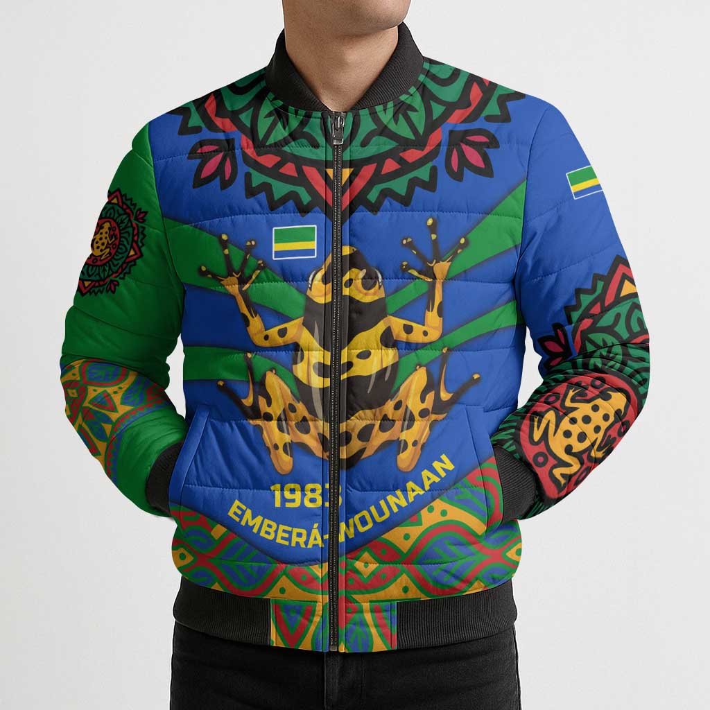 Indigenous Regions of Panama Embera-Wounaan Bomber Puffer Jacket Frog Graphic and Indigenous Pattern Guardians of the Forest - Wonder Print Shop