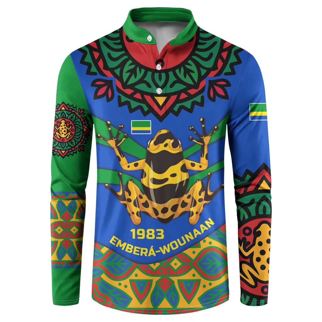 Indigenous Regions of Panama Embera-Wounaan Button Sweatshirt Frog Graphic and Indigenous Pattern Guardians of the Forest - Wonder Print Shop