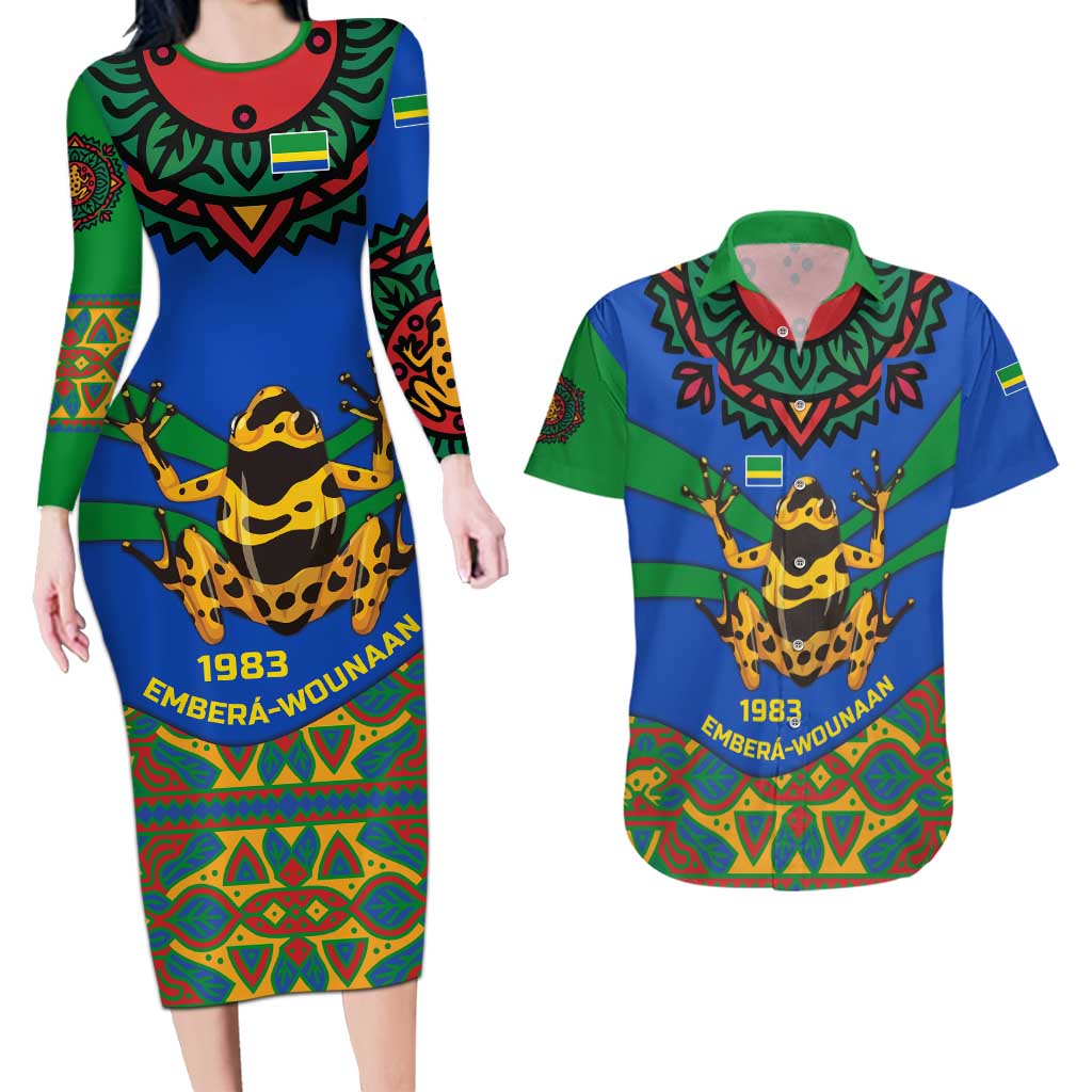 Indigenous Regions of Panama Embera-Wounaan Couples Matching Long Sleeve Bodycon Dress and Hawaiian Shirt Frog Graphic and Indigenous Pattern Guardians of the Forest - Wonder Print Shop